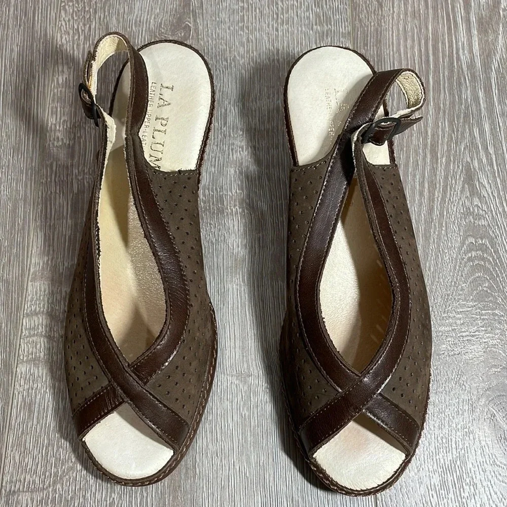 La Plume Leather Brown Slingback Wedge Open Toe Sandals 39 (9 US)